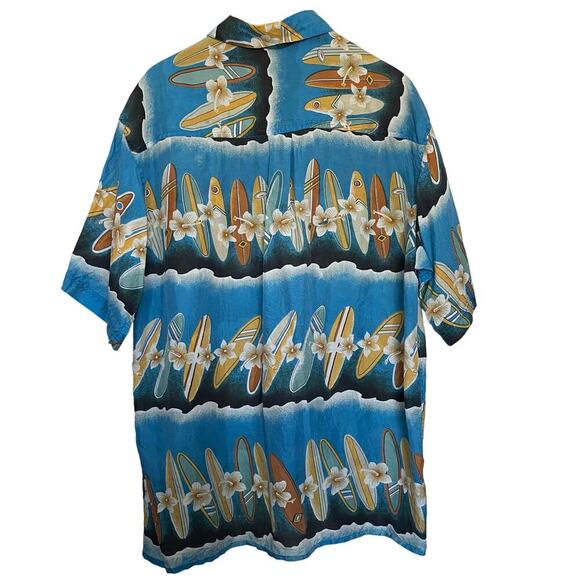 Vtg Montage Tropics Hawaiian Shirt 100% Silk Surf Boards Hibiscus Size XL - Picture 5 of 5